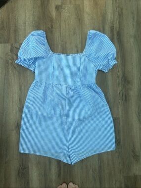 Blue Gingham Puff-Sleeve Maternity Romper